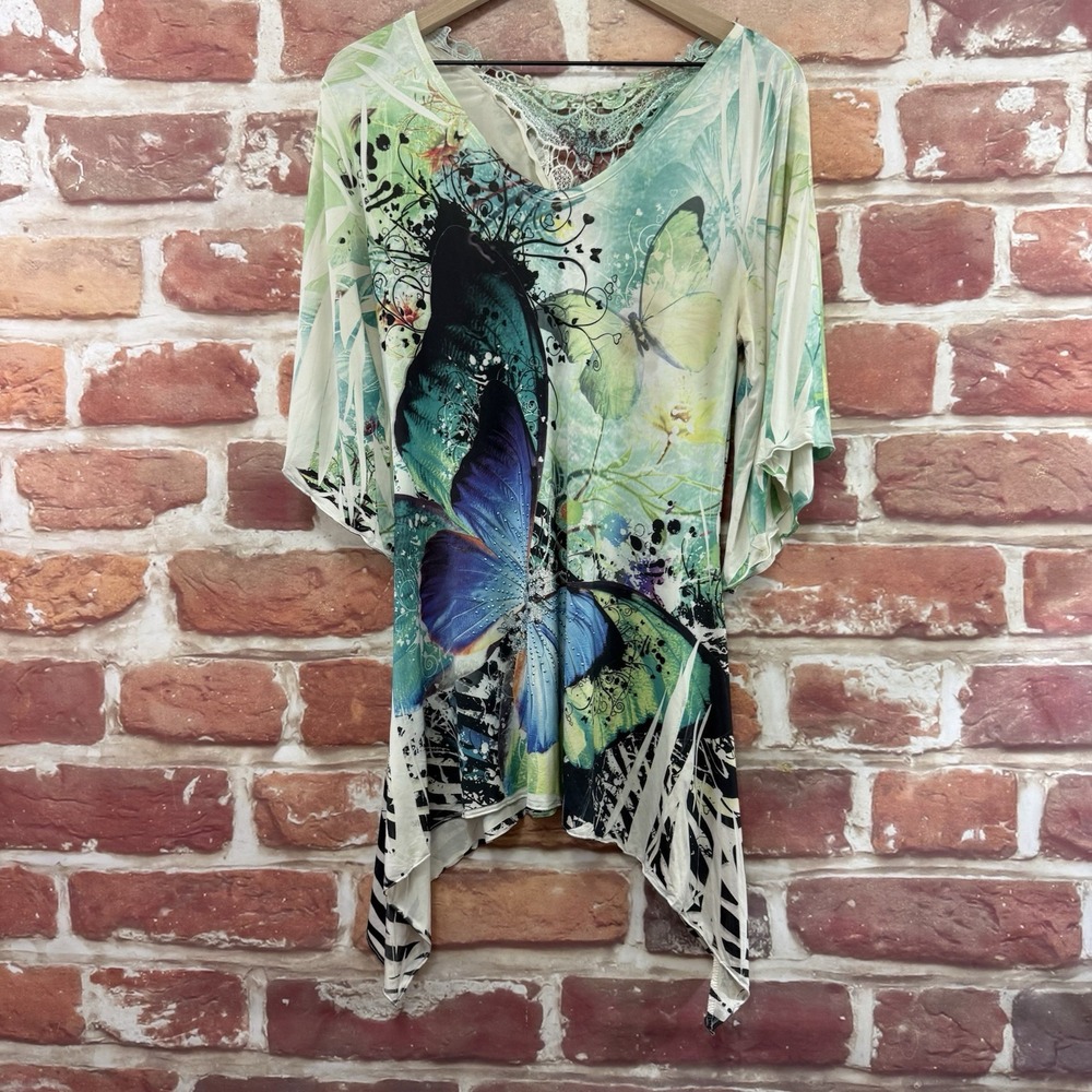 VTG Reina Tunic Top Juniors 1 Multicolor Butterfly Rhinestone Embroidered Shirt